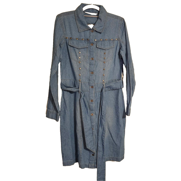 NWT Women Sz Small Given Kale Blue Light denim jean dress metal rhineston belted - Picture 1 of 11